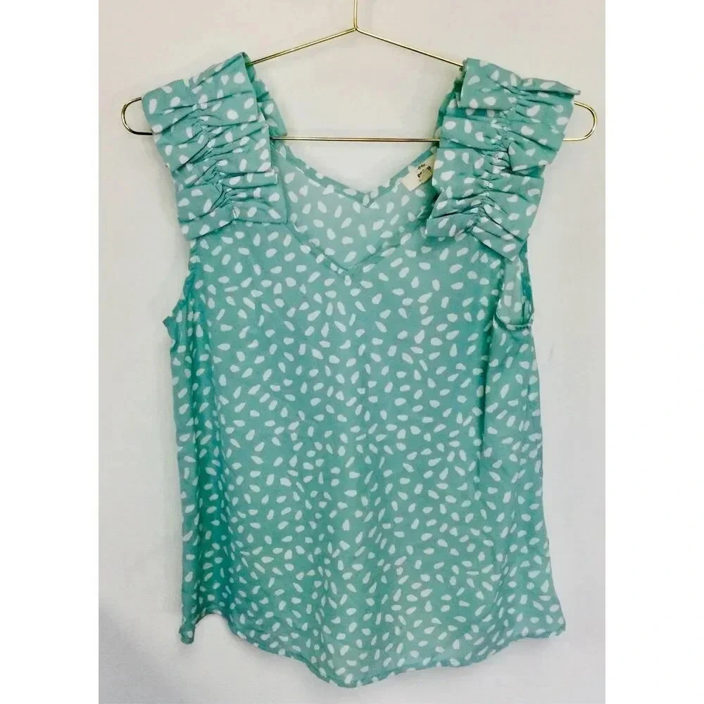 Entro Womens Mint Green blue Ivory Dot Ruffle Shoulder Sleeveless Top Blouse Sma